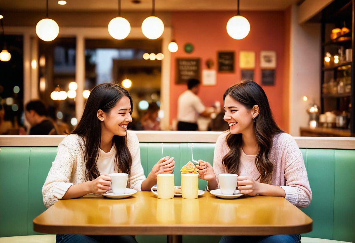 A warm and inviting scene depicting two people joyfully sharing a dessert at a cozy café, surrounded by soft lighting and sweet decor. Include visual elements symbolizing modern dating, like smartphone notifications or heart emojis floating around them. Capture their laughter and connection as they unlock a shared moment of happiness. vibrant colors. soft focus. cheerful atmosphere.