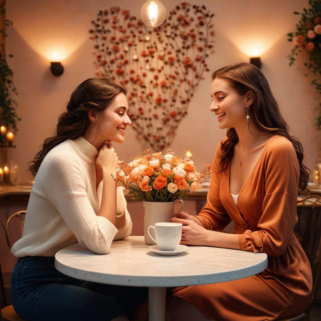 A warm and inviting scene of two people enjoying a cozy conversation over coffee in an intimate cafe, surrounded by soft lighting and romantic decor. Include subtle imagery of hearts and connections in the background, symbolizing the theme of sugar dating and meaningful bonds. The expression on their faces should convey trust and chemistry. super-realistic. warm colors. soft focus.