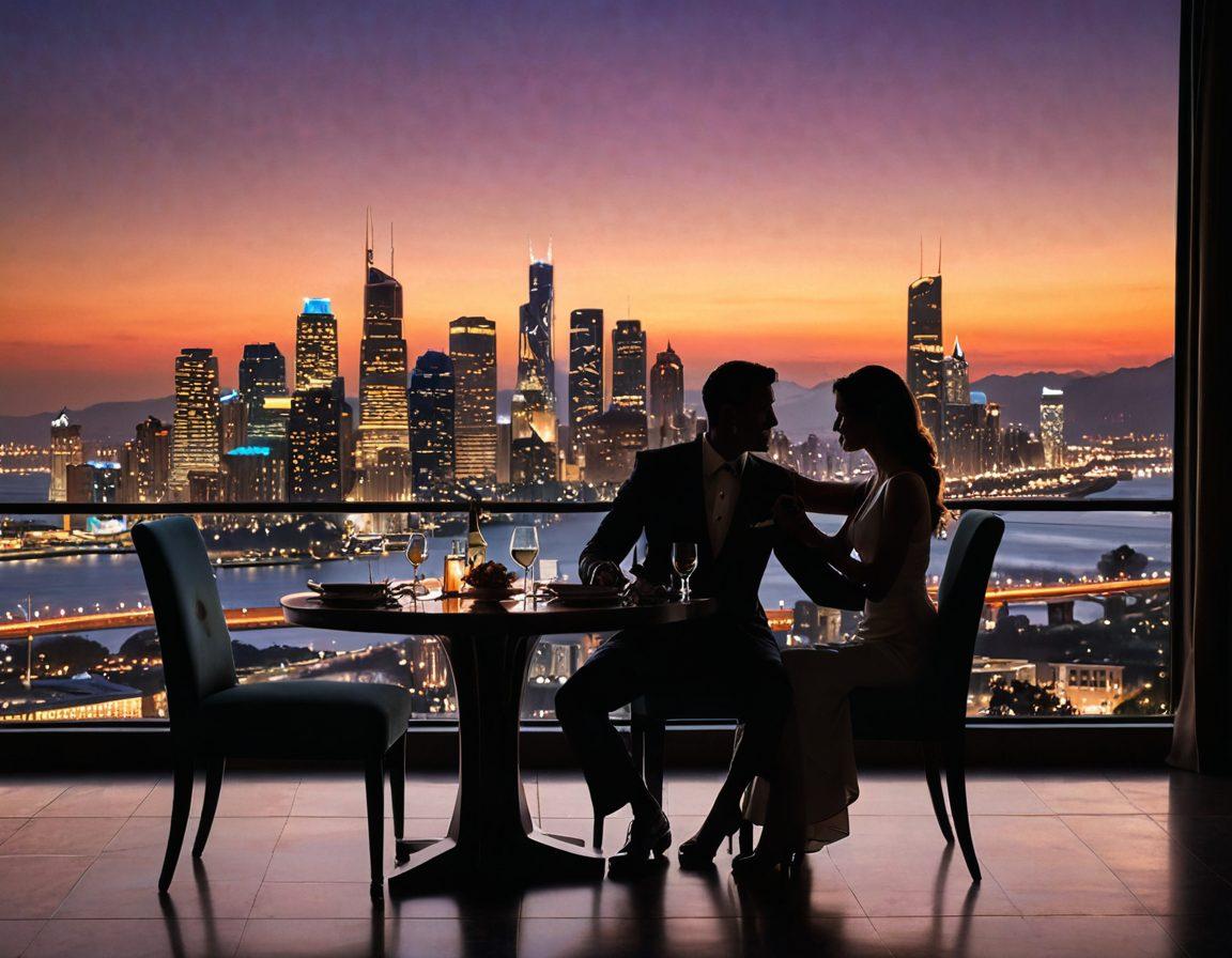 An elegant dinner setting for two, featuring a sophisticated ambiance with soft candlelight, a touch of luxury in the decor, and subtle hints of wealth such as fine wine and gourmet food. Include silhouettes of a couple engaged in deep conversation, showcasing emotions of connection and allure, surrounded by a backdrop of modern city skyline at dusk. opulent. super-realistic. vibrant colors.